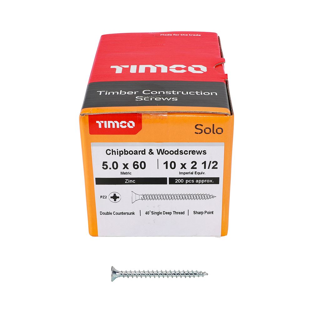 TIMCO Solo Woodscrew PZ2 CSK Zinc 5.0 x 60 Silver Pack 200