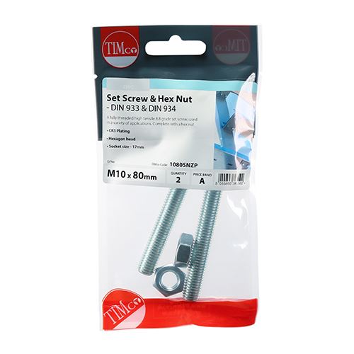 TIMCO Set Screw & Hex Nut - BZP M10 x 80 Silver Pack 2