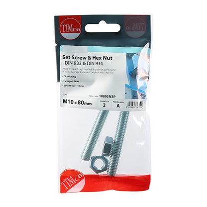 TIMCO Set Screw & Hex Nut - BZP M10 x 80 Silver Pack 2