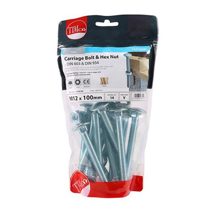 TIMCO Carriage Bolt & Hex Nut - BZP M12 x 100 Silver Pack 14