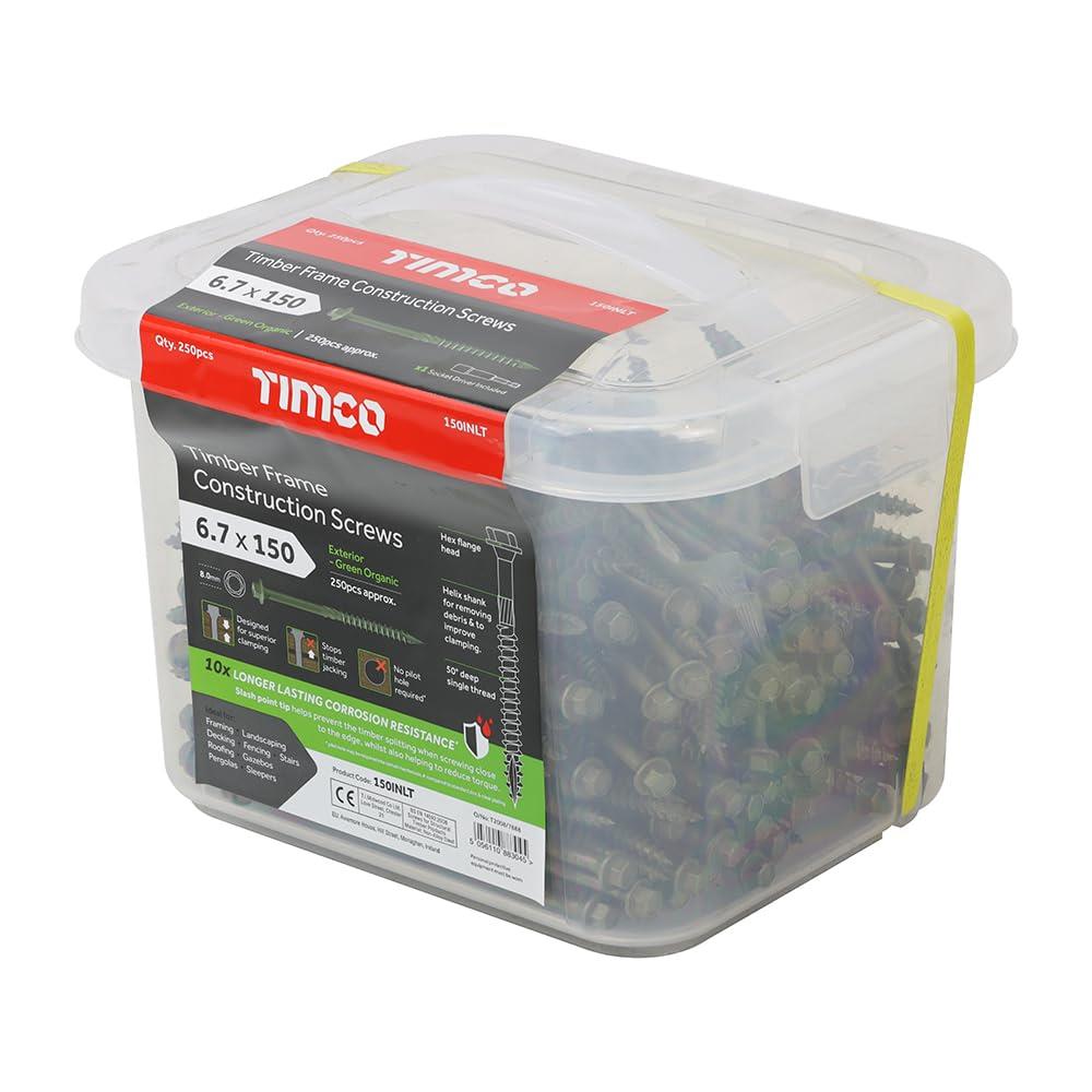 TIMCO Hex Head Timber Construction Screws 6.7mm Exterior Green – Various Lengths and Pack Sizes for Landscaping, Timber Framing and Structural Timber Fixing