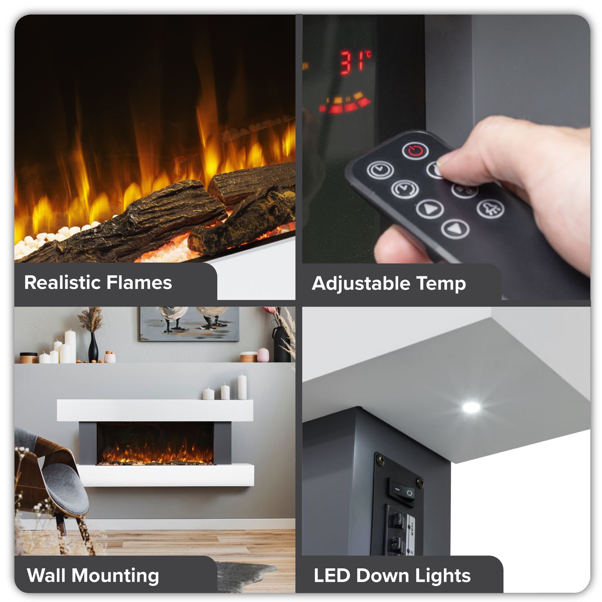 Baridi DH112 Wall Mounting Electric Fireplace with LED Flame Effect 52" - Grey | 230V~50Hz, Timer, Remote Control | Create a relaxing and cozy space