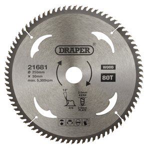 Draper TCT SAW BLADE 250MM 80T WOOD 21681 TCT Circular Saw Blade for Wood, 250 x 30mm