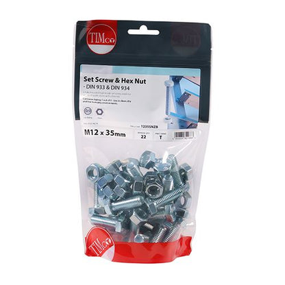 TIMCO Set Screw & Hex Nut - BZP M12 x 35 Silver Pack 22