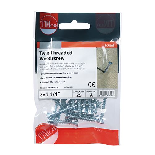 TIMCO Twin Woodscrew PZ2 CSK - BZP 8 x 1 1/4 Silver Pack 25