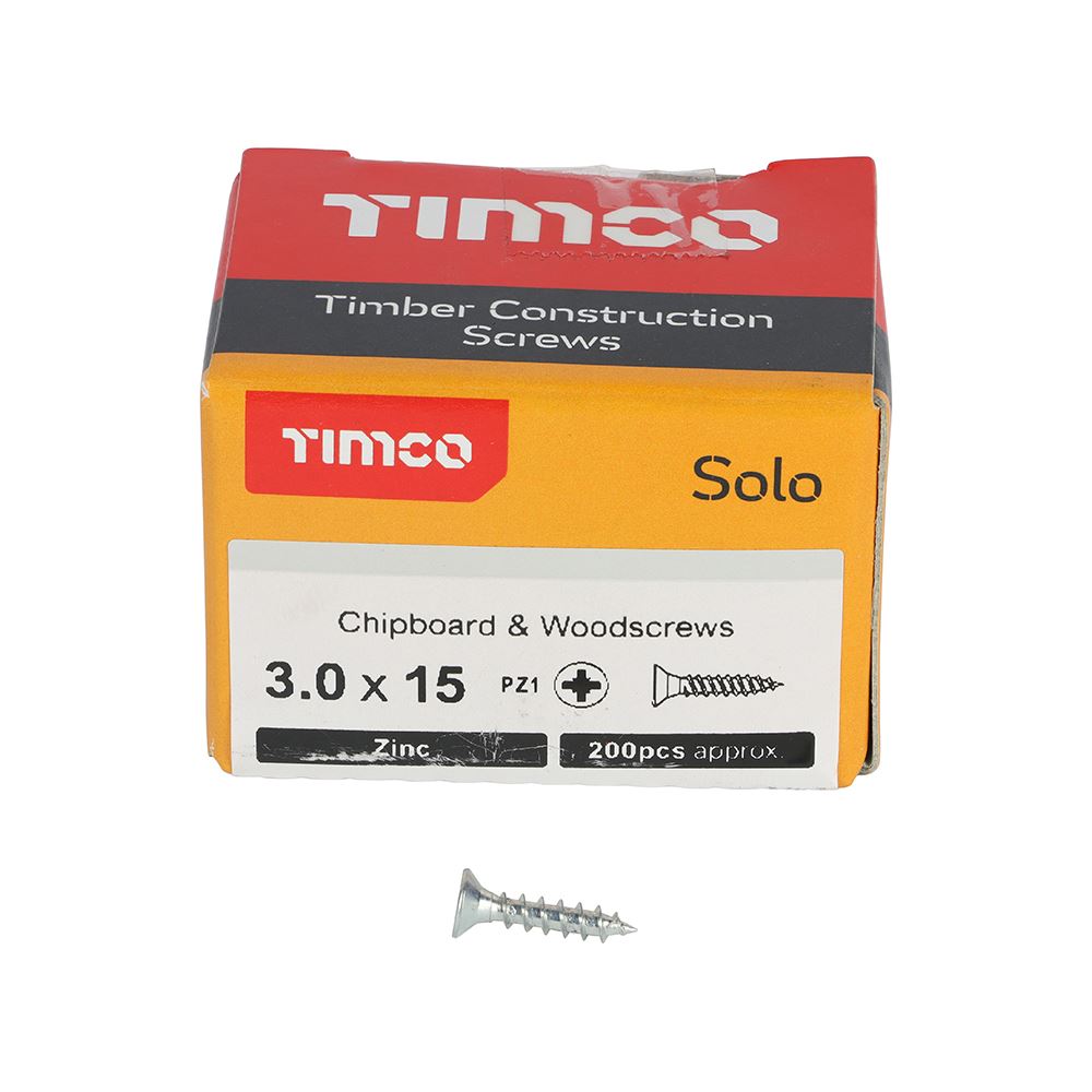 TIMCO Solo Woodscrew PZ1 CSK Zinc 3.0 x 15 Silver Pack 200