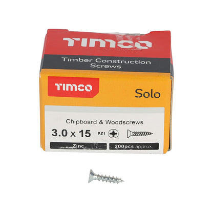 TIMCO Solo Woodscrew PZ1 CSK Zinc 3.0 x 15 Silver Pack 200