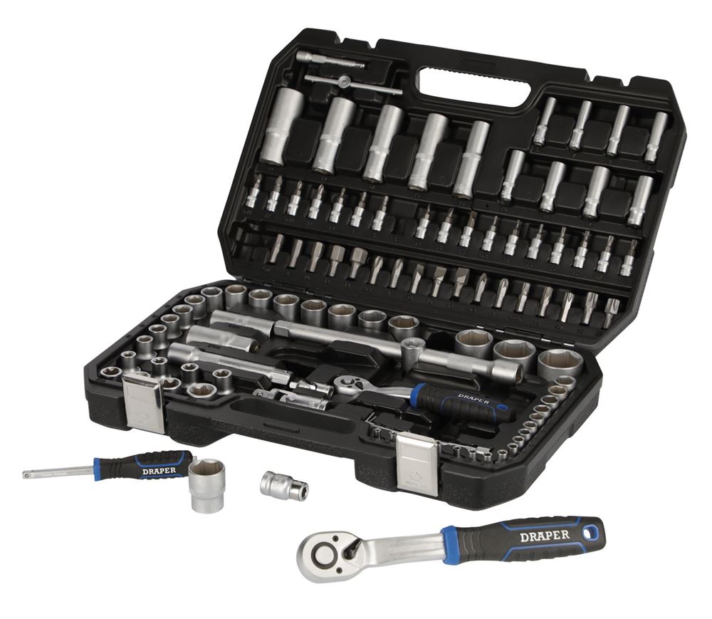 21536 Draper HI-TORQ Metric Socket Set, 1/4 and 1/2 Sq. Dr. (108 Piece) TK108M/SG Satin Chrome Socket Sets Professional Trade DIY Workshop Garage Us