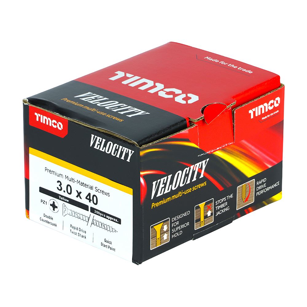 TIMCO Velocity Screw PZ1 CSK ZYP 3.0 x 40 Gold Pack 200