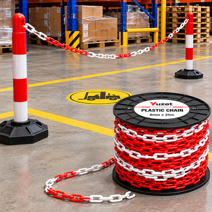 Yuzet Red White Plastic Barrier Chain 6mm x 25m Safety Crowd Control Chain