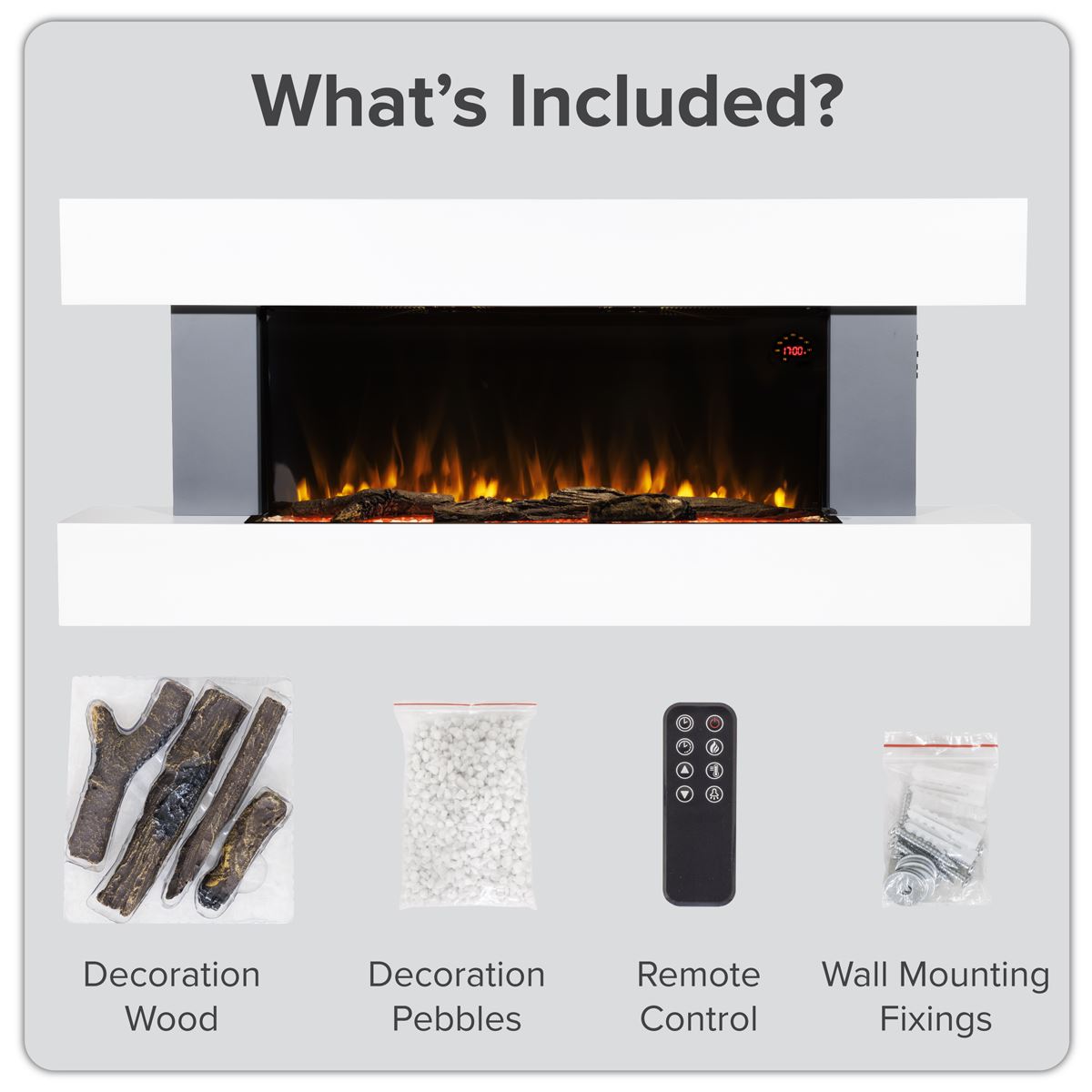 Baridi DH112 Wall Mounting Electric Fireplace with LED Flame Effect 52" - Grey | 230V~50Hz, Timer, Remote Control | Create a relaxing and cozy space