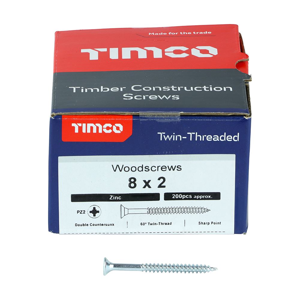 TIMCO Twin Woodscrew PZ2 CSK Zinc 8 x 2 Silver Pack 200