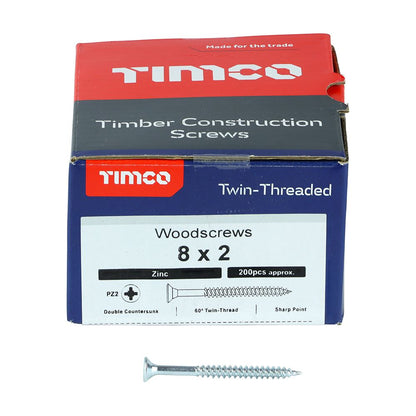 TIMCO Twin Woodscrew PZ2 CSK Zinc 8 x 2 Silver Pack 200