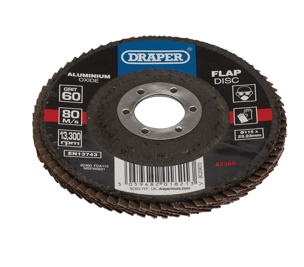 Draper 115MM FLAP DISC 60G ALOX 82360 Aluminium Oxide Flap Discs, 115 x 22.23mm