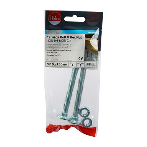TIMCO Carriage Bolt & Hex Nut - BZP M10 x 130 Silver Pack 2