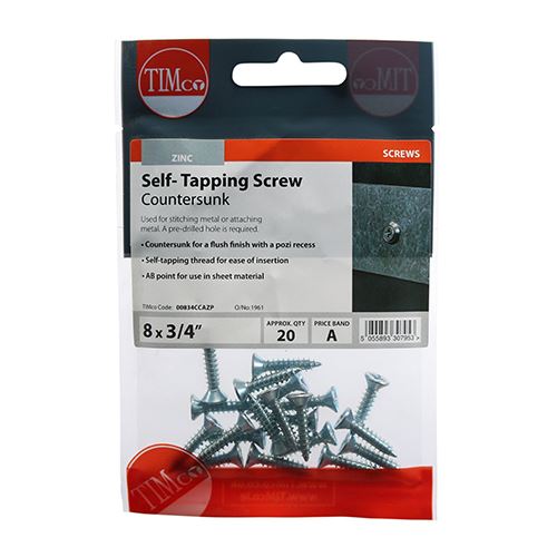 TIMCO S/Tapping Screw PZ2 CSK - BZP 8 x 3/4 Silver Pack 20