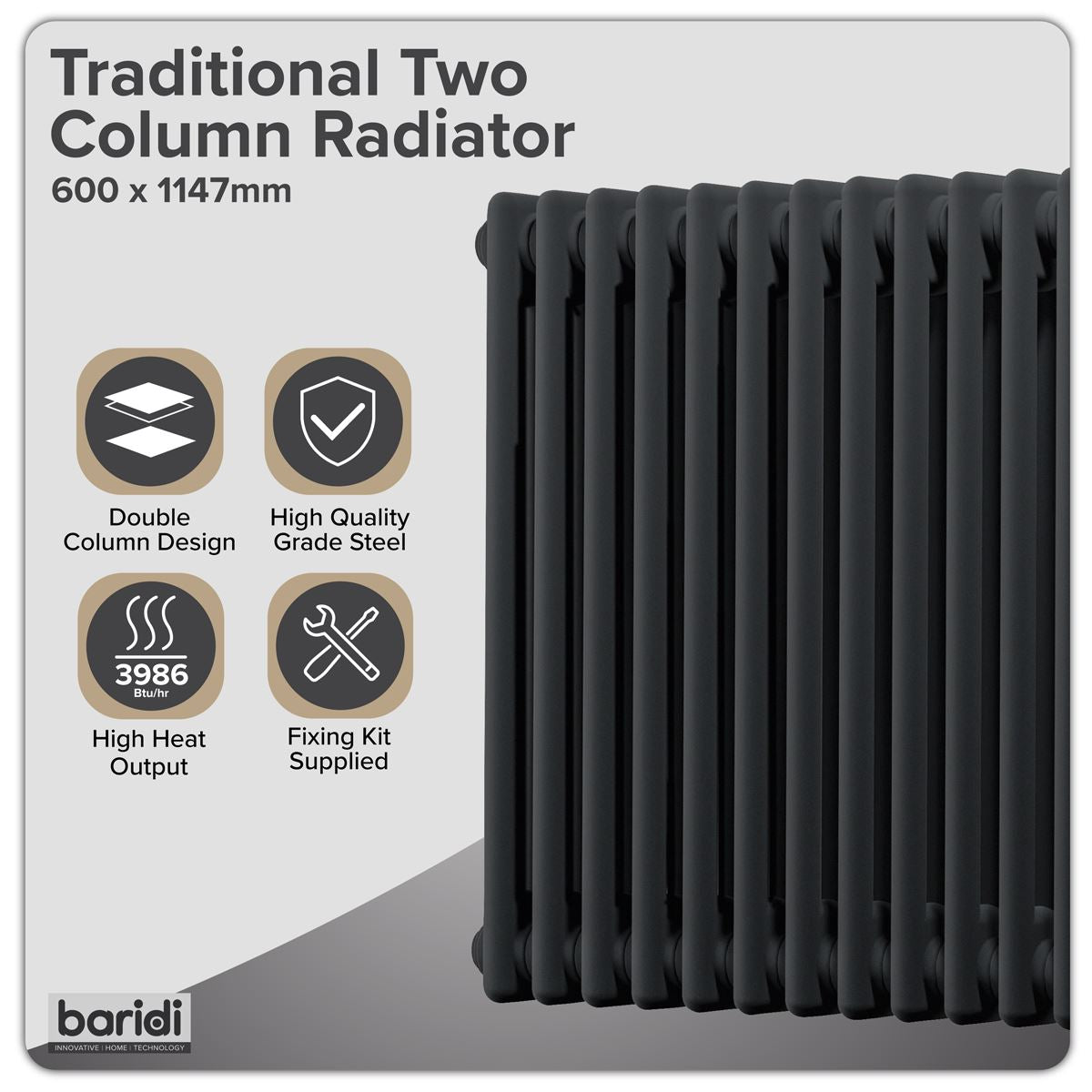 Baridi DH365 Horizontal Traditional 2 Column Radiator 600 x 1147mm - Black | Steel | Horizontal traditional two column radiator delivers a BTU output