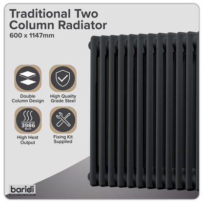 Baridi DH365 Horizontal Traditional 2 Column Radiator 600 x 1147mm - Black | Steel | Horizontal traditional two column radiator delivers a BTU output