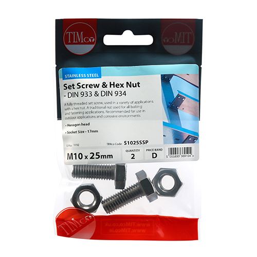 TIMCO Set Screw & Hex Nut - A2 SS M10 x 25 Silver Pack 2