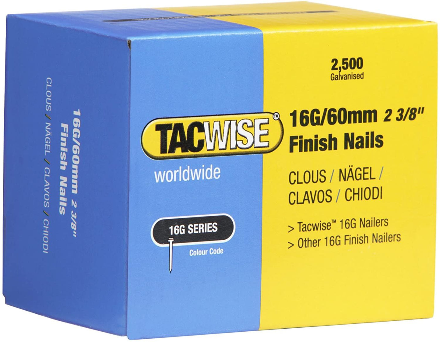 Tacwise 0300 Type 160 16G 60 mm Finish Nails Galvanised Pack of 2500 for Nail Staple Guns Trade Fixing