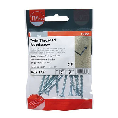 TIMCO Twin Woodscrew PZ2 CSK - BZP 8 x 2 1/2 Silver Pack 12