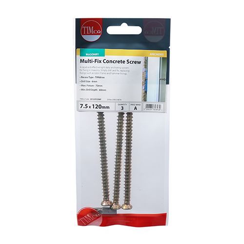 TIMCO Multi-Fix Concrete Screw - ZYP 7.5 x 120 Gold Pack 3