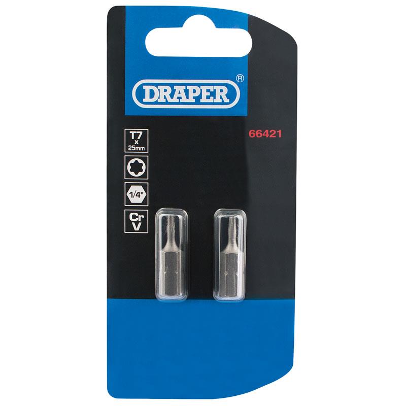 Draper 2PC 25MM T7 S/D BIT 66421 1/4" hex. Draper TX-STARÂ® E Shank Insert Bits