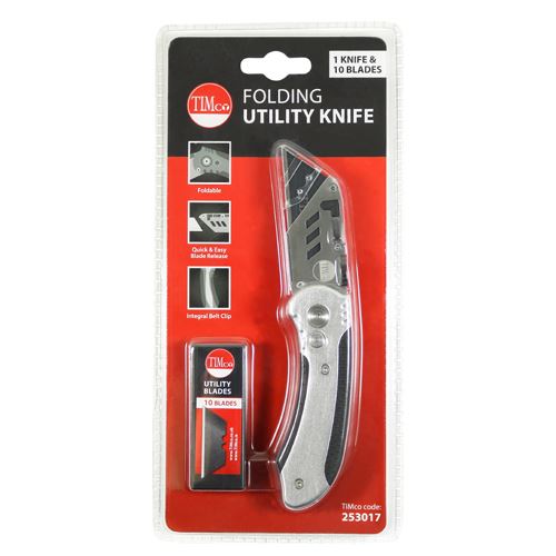 TIMCO 253017 Folding Utility Knife with 10 SK2 Tool Steel Blades – Quick-Change Release, Safety Catch and Integral Belt Clip