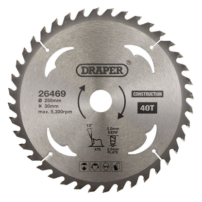 Draper TCT SAW BLADE 250MM 40T CONS 26469 TCT Construction Circular Saw Blade, 250 x 30mm