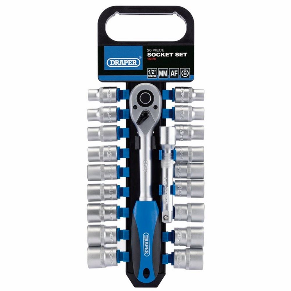 Draper 20PC 1/2 SOCKET SET P/RACK 16376 1/2 Sq. Dr. Combined MM/AF Socket and Ratchet Set (20 Piece)