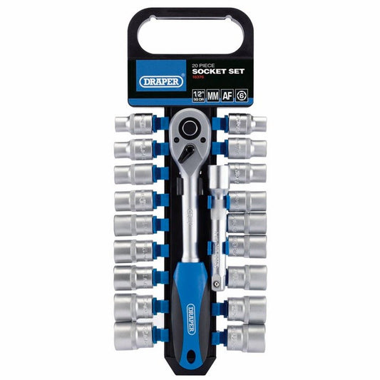 Draper 20PC 1/2 SOCKET SET P/RACK 16376 1/2 Sq. Dr. Combined MM/AF Socket and Ratchet Set (20 Piece)