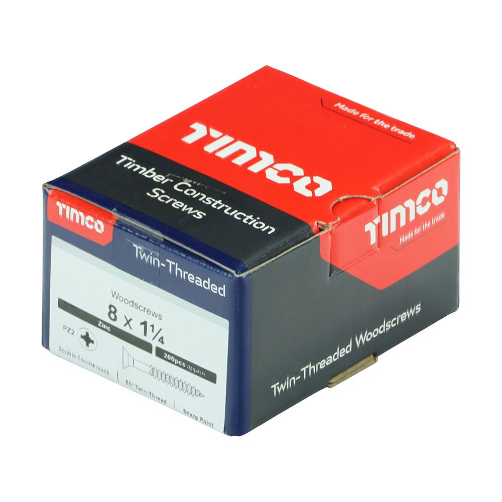 TIMCO Twin Woodscrew PZ2 CSK Zinc 8 x 1 1/4 Silver Pack 200