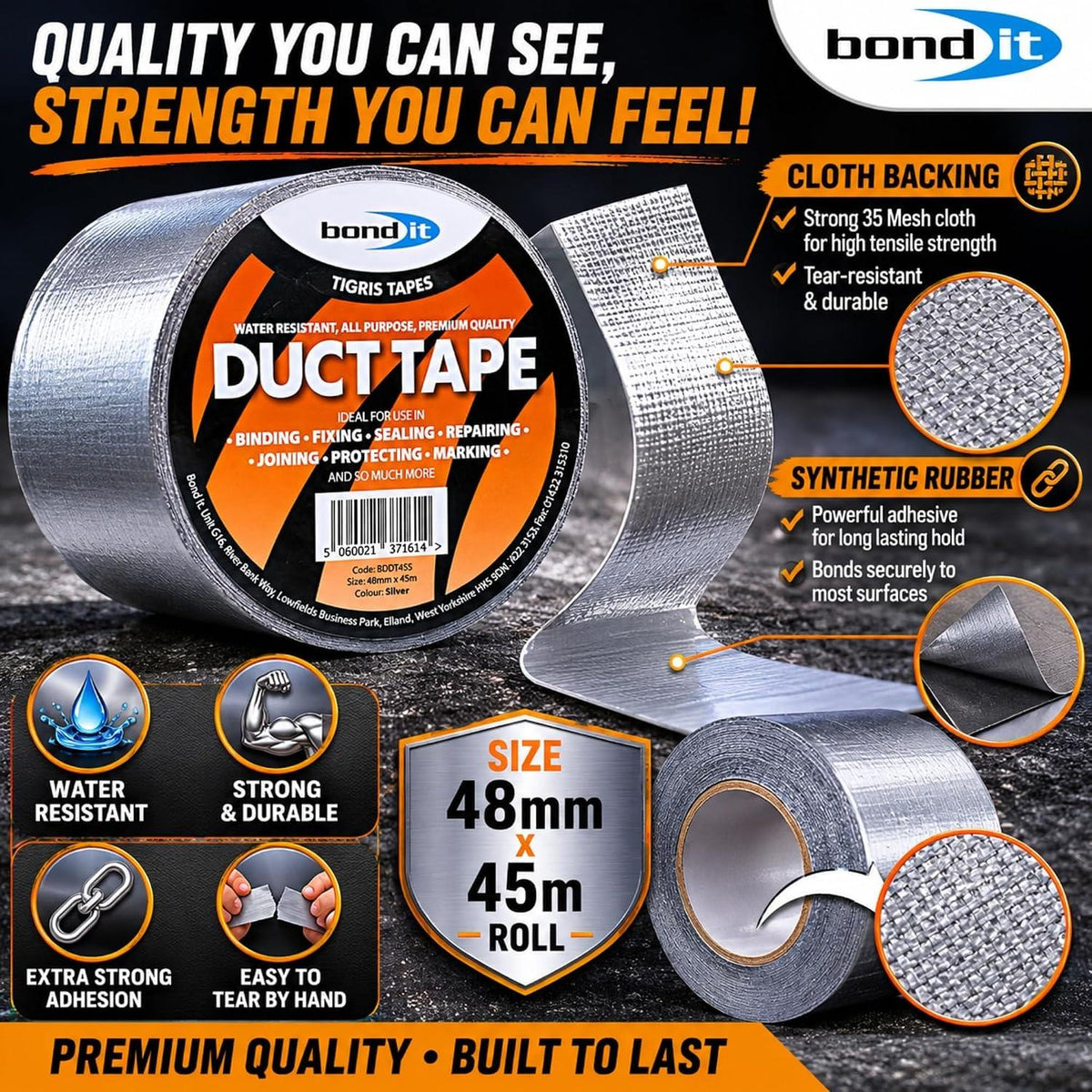 Bond It Duct Tape 48mm x 45m Heavy Duty Water Resistant Black Silver Gaffer Cloth Repair Sealing Tape
