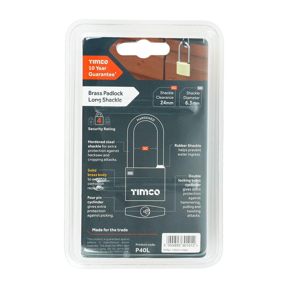TIMCO Long Shackle Brass Padlock 40mm Pack 1