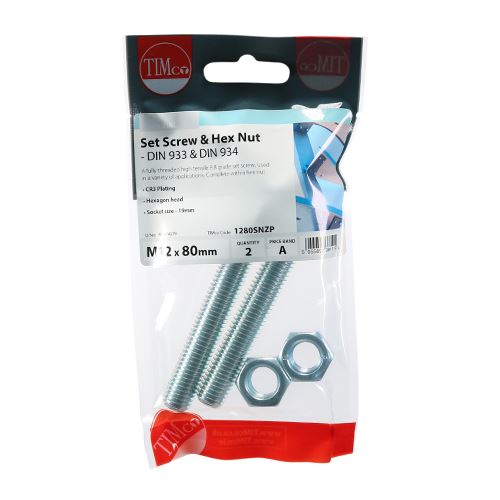 TIMCO Set Screw & Hex Nut - BZP M12 x 80 Silver Pack 2