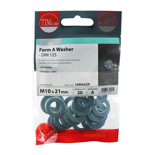 TIMCO Form A Washer DIN 125A - BZP M10 Silver Pack 20
