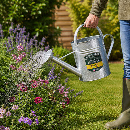 Ambassador Galvanised Watering Can 2 Gallon Traditional Metal Garden Watering Can for Plants Flowers Vegetable Beds Greenhouses and Outdoor Watering