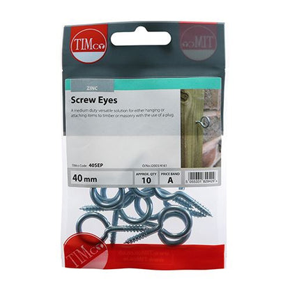 TIMCO Screw Eyes - BZP 40mm Silver Pack 10