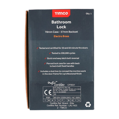 TIMCO Bathroom Lock E. Brass 78mm Pack 1