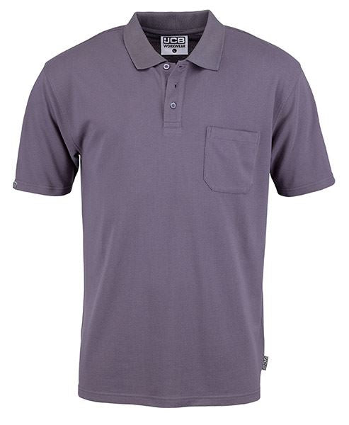 JCB Workwear Essential Men's Grey Polo Shirt – 220gsm Poly Cotton Work Top with Chest Pocket, Three Button Placket and All Sizes