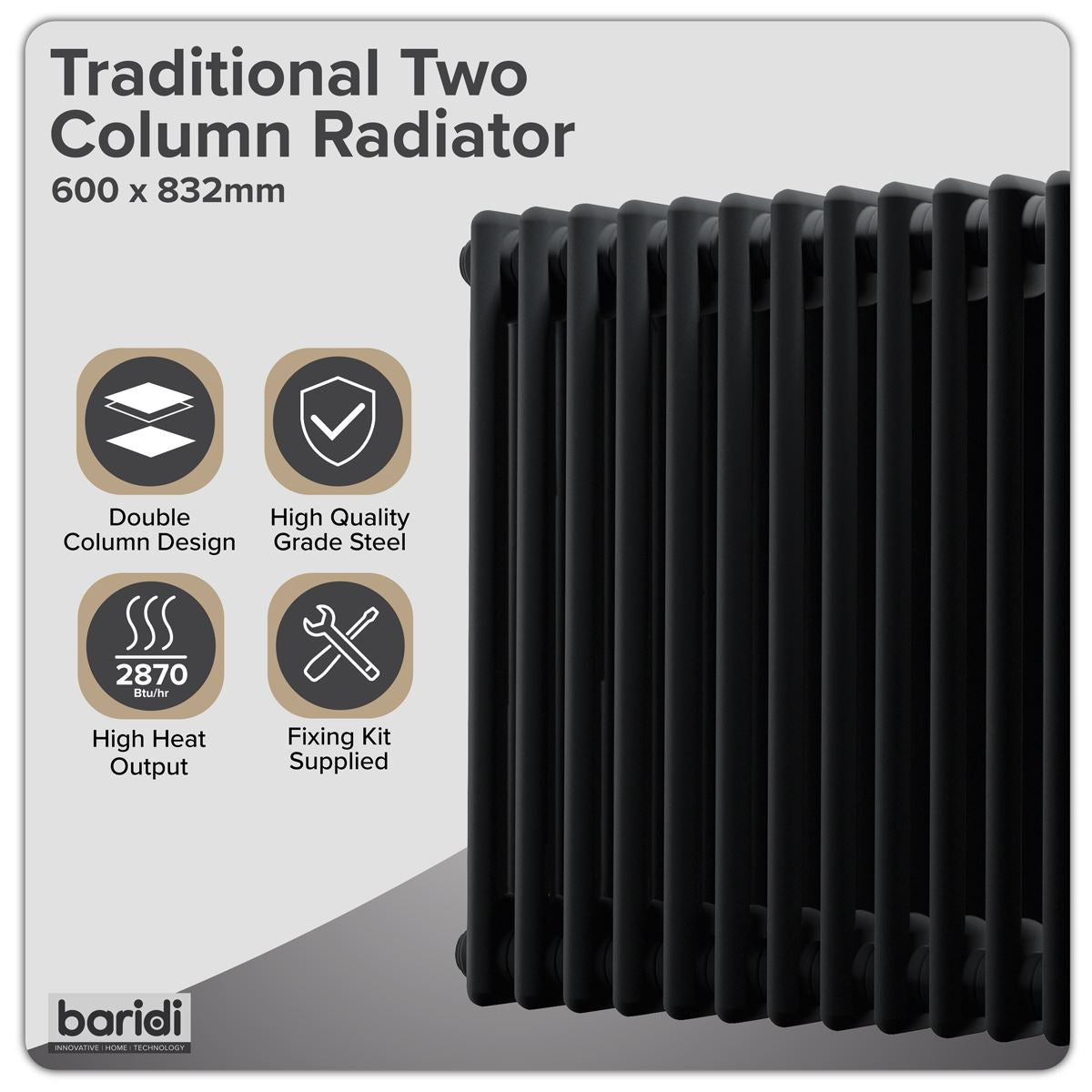Baridi DH363 Horizontal Traditional 2 Column Radiator 600 x 832mm - Black | Steel | Horizontal traditional two column radiator delivers a BTU output