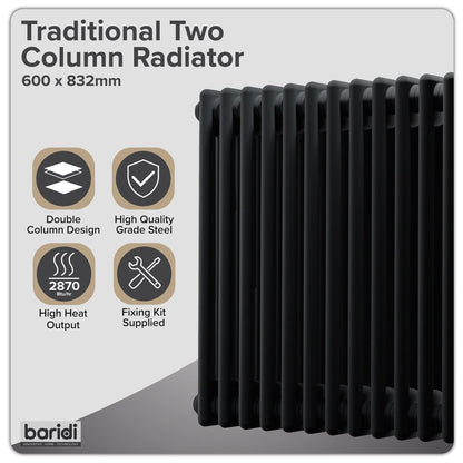 Baridi DH363 Horizontal Traditional 2 Column Radiator 600 x 832mm - Black | Steel | Horizontal traditional two column radiator delivers a BTU output
