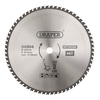 Draper TCT SAW BLADE 355MM 66T MULTI 04904 TCT Multi-Purpose Circular Saw Blade, 355 x 25.4mm, 66T