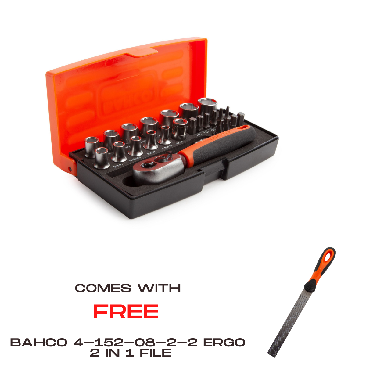 Bahco SL25 Metric Bit and Socket Set 1/4in Dynamic Drive with Free Bahco Ergo 2 in 1 File