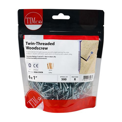 TIMCO Twin Woodscrew PZ2 CSK - BZP 6 x 1 Silver Pack 500