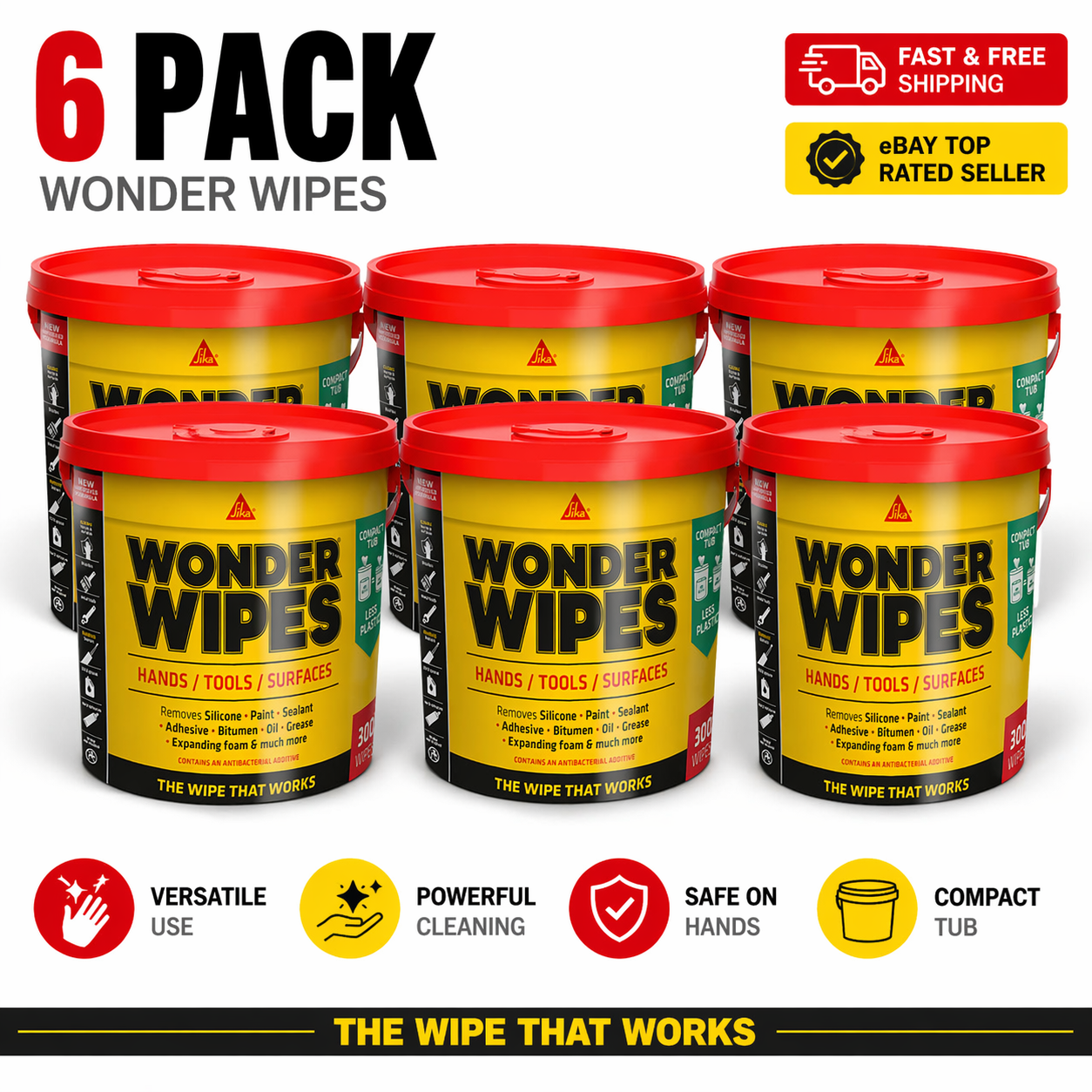 6 x Everbuild 300 Wonder Wipes Tub Multi Use Cleaning Wipes Trade Pack