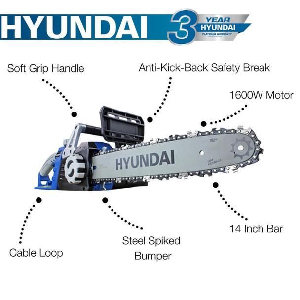 Hyundai HYC1600E Electric Chainsaw 1600W 14in 35cm Bar 13m/s Chain 230V Corded Garden Saw Tree Log Cutting Garden Saw