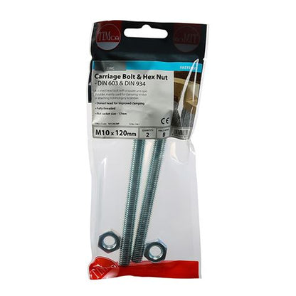 TIMCO Carriage Bolt & Hex Nut - BZP M10 x 120 Silver Pack 2