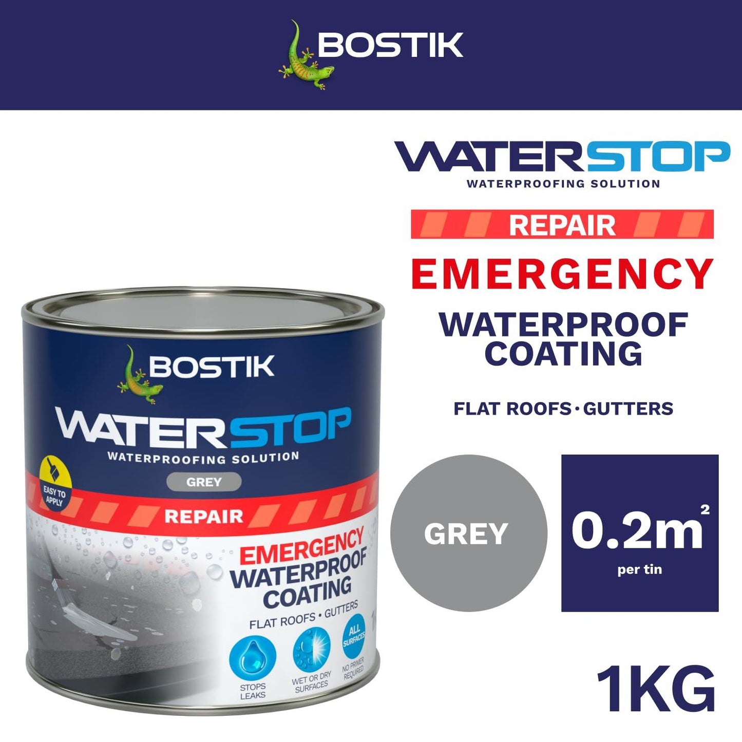 Bostik Waterstop Emergency Coat, Quick Drying, Instant Sealing Coating, For Roofs And Gutters, 1kg, Grey