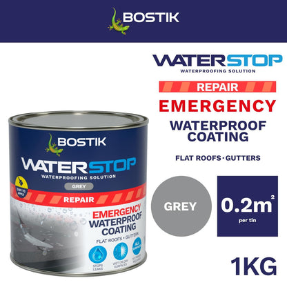 Bostik Waterstop Emergency Coat, Quick Drying, Instant Sealing Coating, For Roofs And Gutters, 1kg, Grey